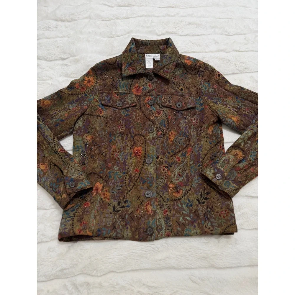 Vintage Y2K Coldwater Creek Tapestry Jacket PS Boho Beaded Floral Paisley Fall